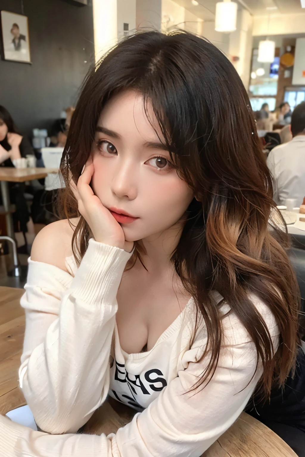 ((Masterpiece, high quality, super detailed, 8k, RAW Photo, hyper-realistic)), 1 woman, very beautiful, short wavy hair, ((brown ombre hair)), Perfect face, thin face, ((lying silkworm eyes)), shinny skin, white long sleeve t-shirt, off shoulder, in modern cafe, look at the camera, slim body, perfect eyes, earings, 35 years-old