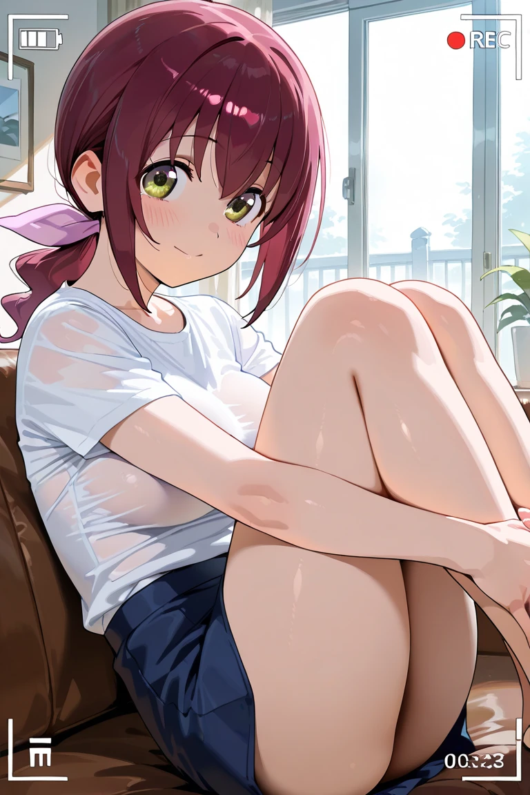 room, 1 Girl, Highest quality, Ultra-high resolution, Long Hair, Redhead, Green Eyes,Looking at the audience, Small breasts , smile, Open your mouth、(Navy blue cuffs and white short-sleeved gym uniform)、(Navy Blue Bloomers)、(
barefoot)、Navy blue socks、sports boots、Ground、Schoolyard、Sexy pose