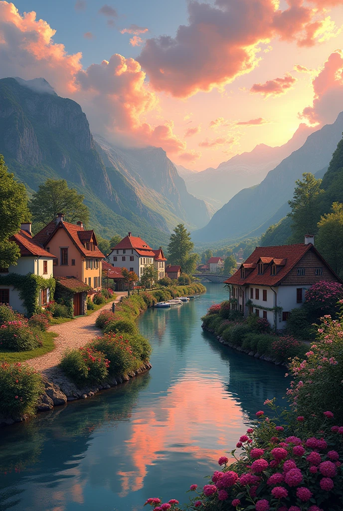 A small village by the river, mountains in the background, colorful flowers, detailed landscape style, beautiful natural scenery, atmospheric lighting,  scorching sunset ,  warm colors, practical, photographic, detailed foliage, complex buildings , cobblestone street, charming country house, vibrant colors, lush vegetation, reflections in the water, pitoresco, idyllic, work of art, Best Quality, 8k, extremely detailed, anime style