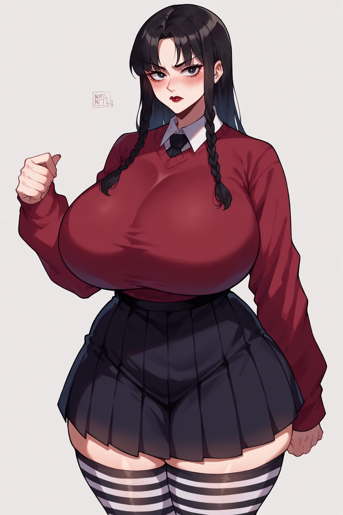 <lora:tohsaka_rin_altV3:0.7> tohsaka_rin_alt, huge_breasts, standing, solo, red_sweater_black_skirt_black_thighhighs, masterpiece, best quality, detailed face, detailed eyes, highres,