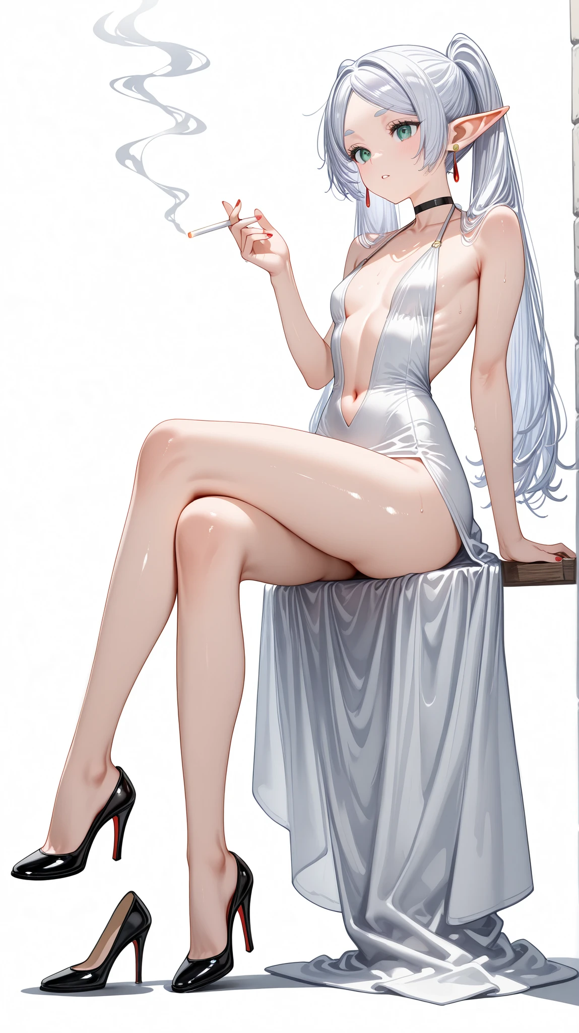 masterpiece,best quality,newest,highres,absurdres,very awa,shiny skin,(artist:loika:0.5),(artist:xiaoshou xiansheng:0.8),artist:rin31153336,artist:gawako,(sweat),1girl, Frieren,solo,flat chest, long hair, simple background, white background, dress, twintails, full body, white hair, choker, pointy ears, high heels, white dress,revealing clothes,halterneck, plunging neckline, sidelocks, halter dress, backless outfit,nail polish, backless dress, center opening,navel,thighs,elf,holding white cigarette,parted lips,smoking,sitting,leaning forward,crossed legs,removing shoes,(bare foot),