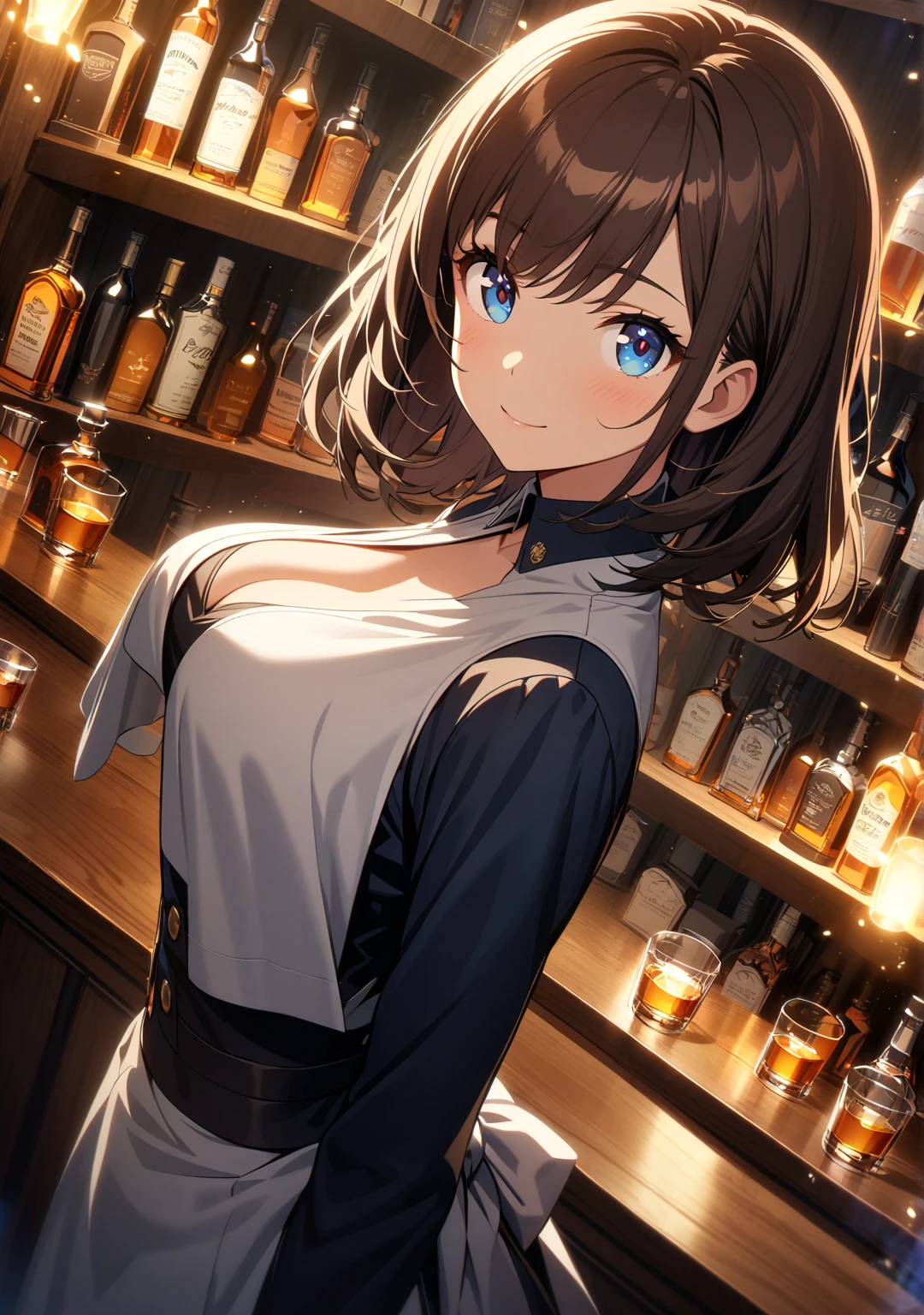 medium shot,middle aged woman,fit,long hair,brown hair,blue eyes,Dressed in a black suit,standing behind the bar,Bar owner,Beautiful lighting.,Put your hands on the counter.,detailed
