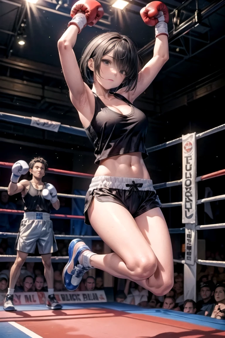 During a women's mixed martial arts ring match, interval, cute Japanese high school girl with short cut black hair, sitting on chair in ring corner, eyes tightly closed, mouth open, out of breath, very sweaty, slender body, poor body, small breasted sports bra, high leg shorts, open finger gloves