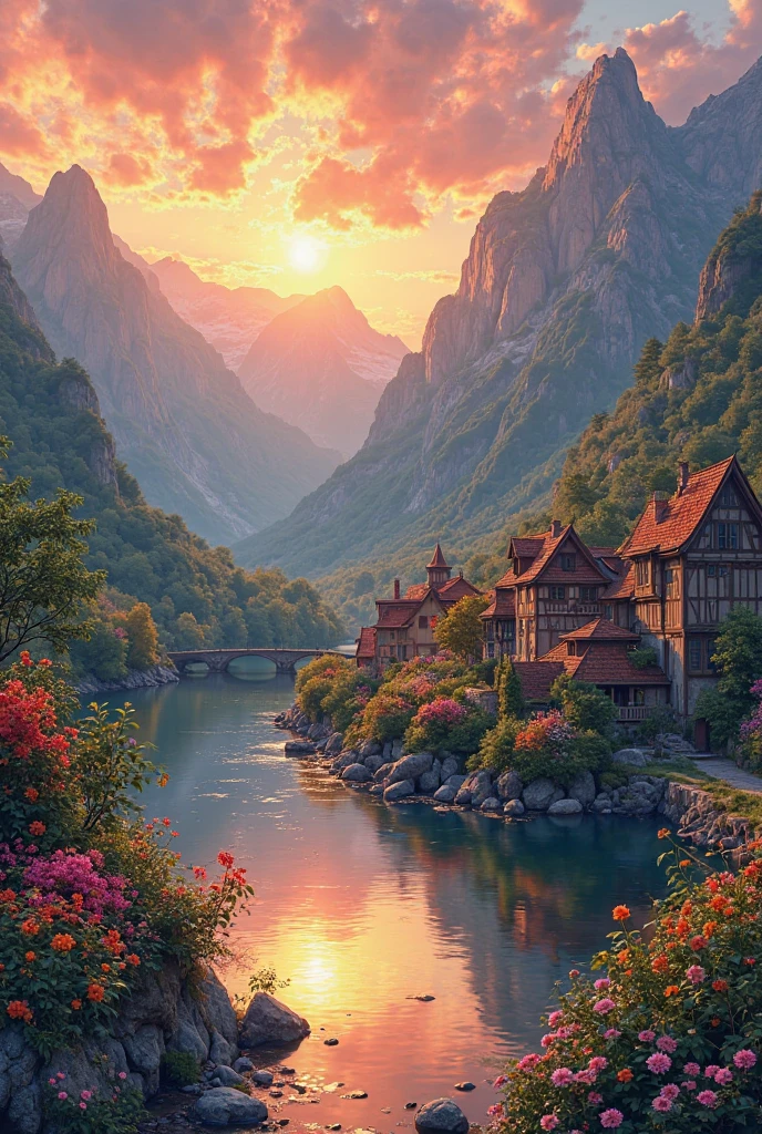 a small village by the river, mountains in the background, floral flowers colorful, detailed landscape, Beautiful natural landscapes, atmospheric lighting, scorching sunset, warm colours, practical, photopractical, Detailed Foliage, complex buildings, cobblestone street, Charming country house, swirly vibrant colors, lush vegetation, Still water reflections, Picturesque, idyllic, work of art, best qualityer, 8k, extremely detaild,anime styling