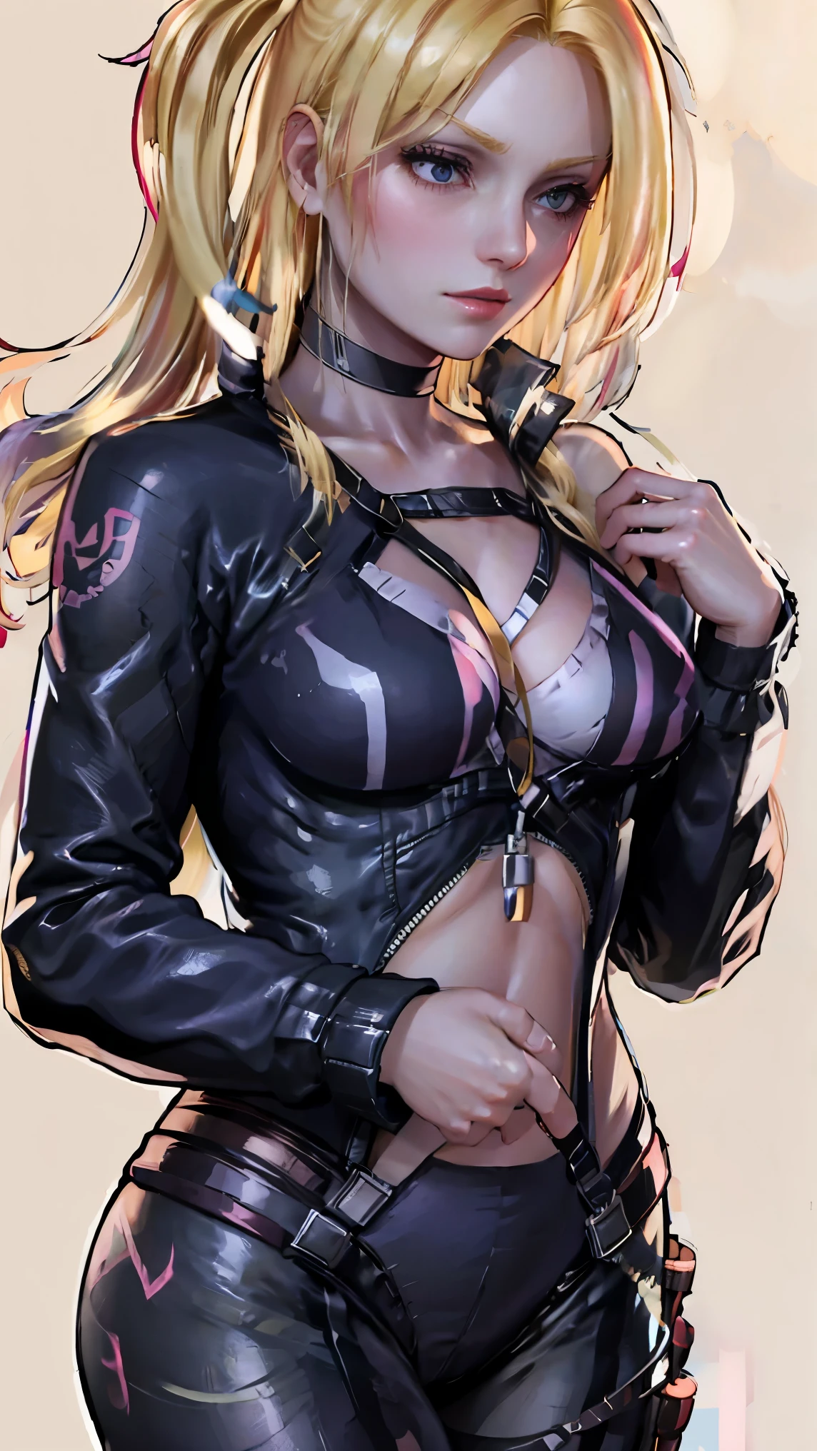 blonde hair, side ponytail, long hair, black Rubber Suit, choker, glamorous, mature