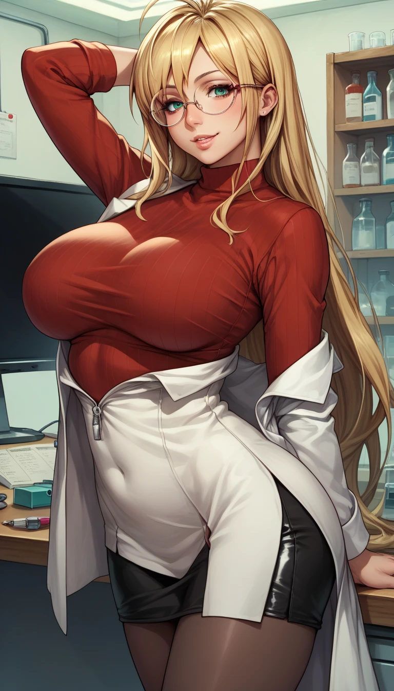 red_jacket:1.2), standing , cowboy shot, thick body, long_sleeves, heart_necklace, white shirt, collared shirt, pantyhose, pencil skirt, earrings, jewelry, gem, bangs, blonde_hair, blue_eyes, long_hair, 1 girl, 20yo, Young female, Beautiful Finger, Beautiful long legs, Beautiful body, Beautiful Nose, Beautiful character design, perfect eyes, perfect face, expressive eyes, perfect balance, looking at viewer, vclosed mouth,latex,blush,((nipples))
