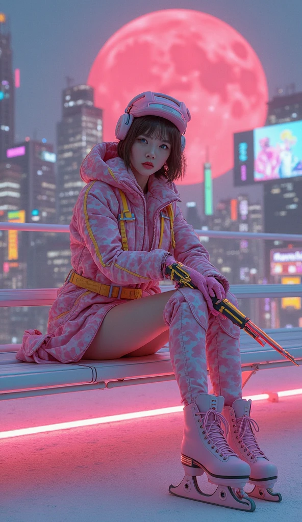 (masterpiece, best quality, beauty, best ratio, best shadows,best Illustration, wallpaper size,1080×2400 pixels,detailed face,pastel colors, futuristic theme) 
uhd, korean beautiful female, full posture fully visible, shining blue eyes, windblown short hair, wear dominant pink camo colour and yellow strip full  armory leather, pink high heel ice skates, hand holding futuristic neon rifle emits gold energy, sitting on a bench in front of a futuristic city with many colorfull glass houses. outer space, big neon billboard, big red  moon seen on far away. use the RenderMan renderer.digital art.High definition, high contrast, high color saturation ,128k,cinematic lighting, intricate,cinematic advertising photograph,cinema lens,high res.