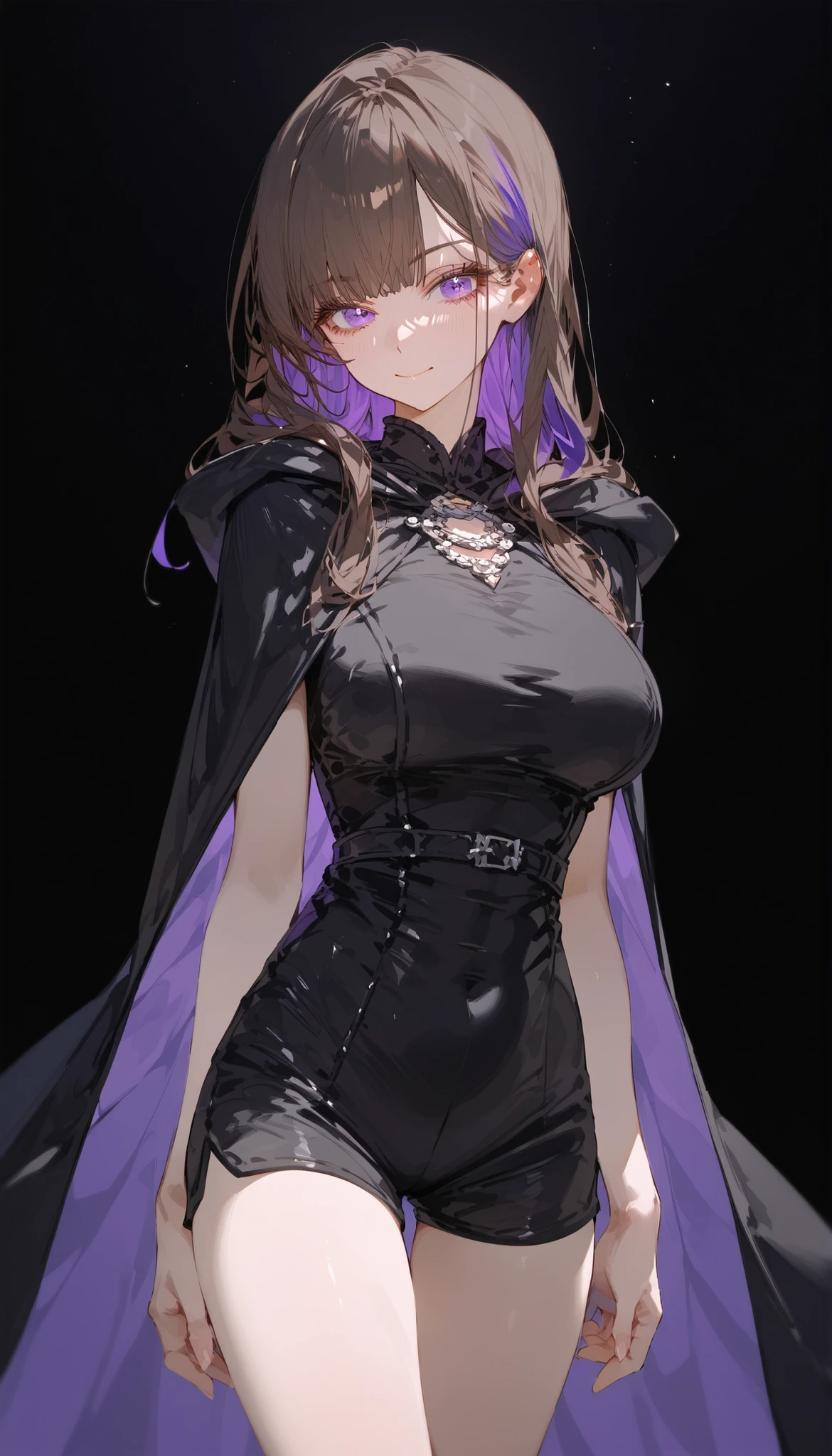 masterpiece, best quality, high resolution, best illustration, super fine illustration, (official art:0.9), anime screencap, detailed beautiful face and eyes, anime keyvisual, (perfect ???????:1.1), 8k portrait, 
1girl,
elsa, 
elsa \(re:zero\),
medium hair, 
black hair, 
(purple eyes:1.2), (beatiful detailed eyes:1.2), 
flower hair ornament, 
large breasts, perfect body, 
black dress, black cloak, detached black sleeves, BREAK black tights, cold Shoulder, breasts out, 
looking at viewer, shoot from front, 
cowboy shot, 
natural light, background of outdoor, forrest, 