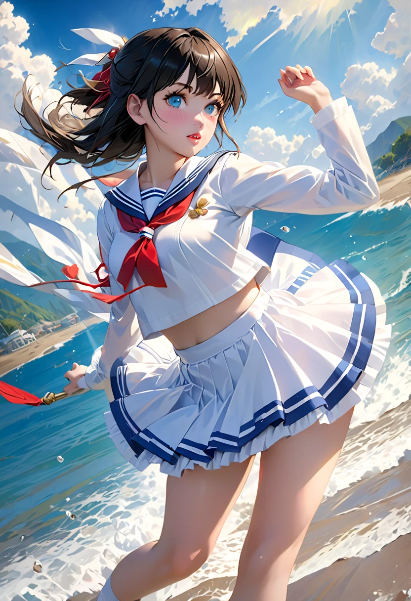((Best quality)), ((Masterpiece)), ((1girll)), Solo, ferry, ((Long hair)), Ferry base, ((upper legs)), Bare shoulders, ((jewelry)), ((Sleeveless)), White dress, Blue skirt, ((mitts)), thigh high, From behind,(Monet, Impresionismo, Oil painting), 01