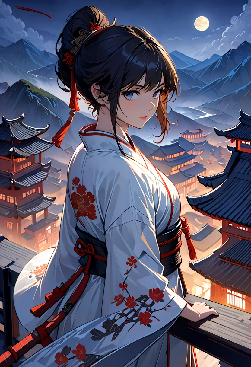 (((top quality))),(((Super Detail))),(((masterpiece))),illustrations,1 person,1 female,  Swordsman  , Female Warrior, cartoon close-up of a group of traditional Chinese clothes ,standing, ink style ,martial arts,Pose,rooftop,moonlight, night ,background,ancient chinese architecture,Misty Mountain,silhouette,Silence --ar 16:9