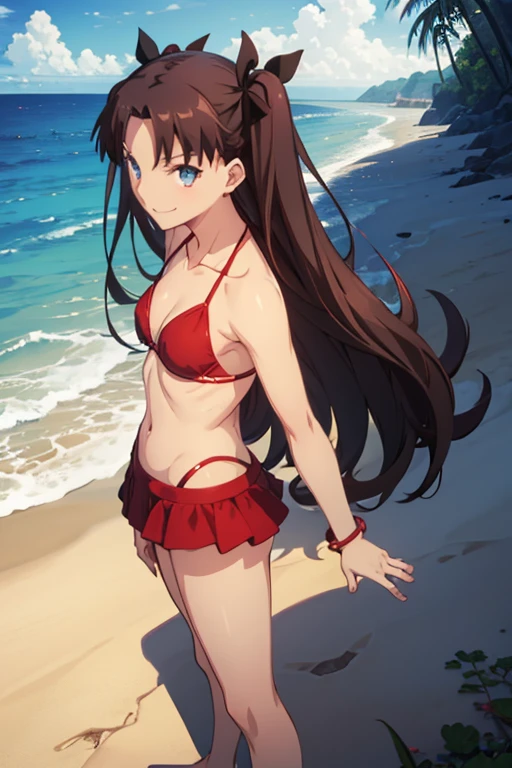 best quality, masterpiece, highres, solo, {tohsaka_rin_fatestaynightufotable:0.90}, {night:1.10}, {starry sky:1.10}, beach, beautiful detailed sky, {extremely detailed background:1.20}, {standing:1.10}, looking at viewer, {bikini:1.30}, light smile