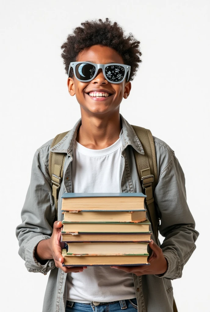 ((highest quallity)), ((photo realist)). a Brazilian mulatto child, 12 year old, in position "from cowboy shot", looking at the camera, holding school notebook, with a white t-shirt, blue background, advertising photo