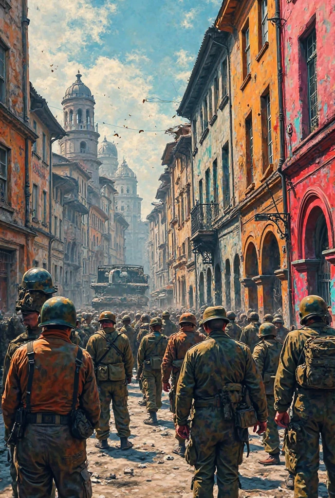 generate warsaw in WWII and in the same image add contemporary warsaw and everything in street art style