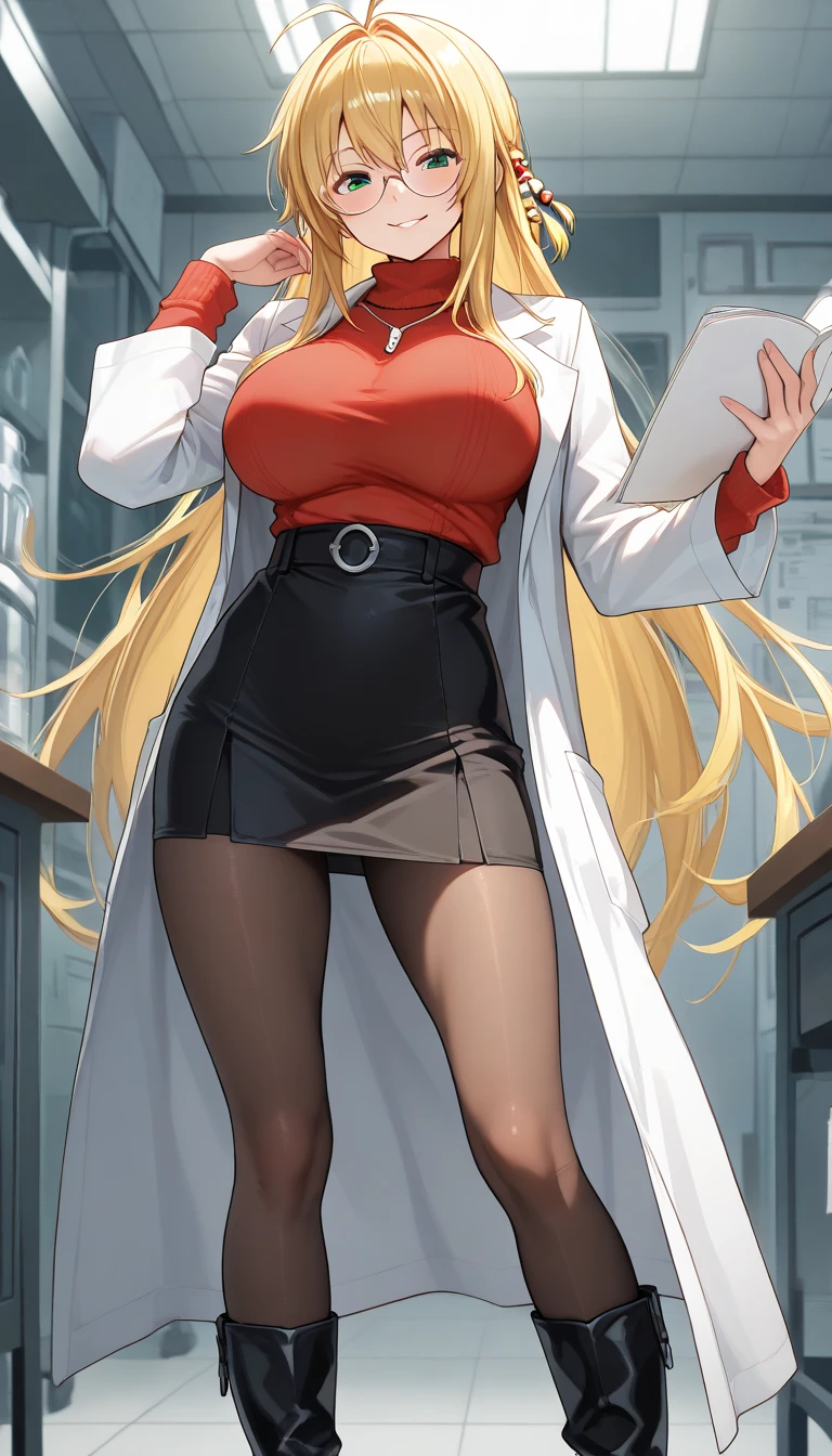 masterpiece, best quality, 1girl, solo, Oleana from Pokemon, long blonde hair, green irises, wearing a red shirt, with a hint of cleavage, in a black skirt and pantyhose. She has a white coat, well-done makeup, lipstick, and is styled in a pencil skirt. (holding a poke ball:1.3). (Determined expression:1.2), Completing her look is a choker and hoop earrings. (Background: Indoors, the hallways of a corporate office)