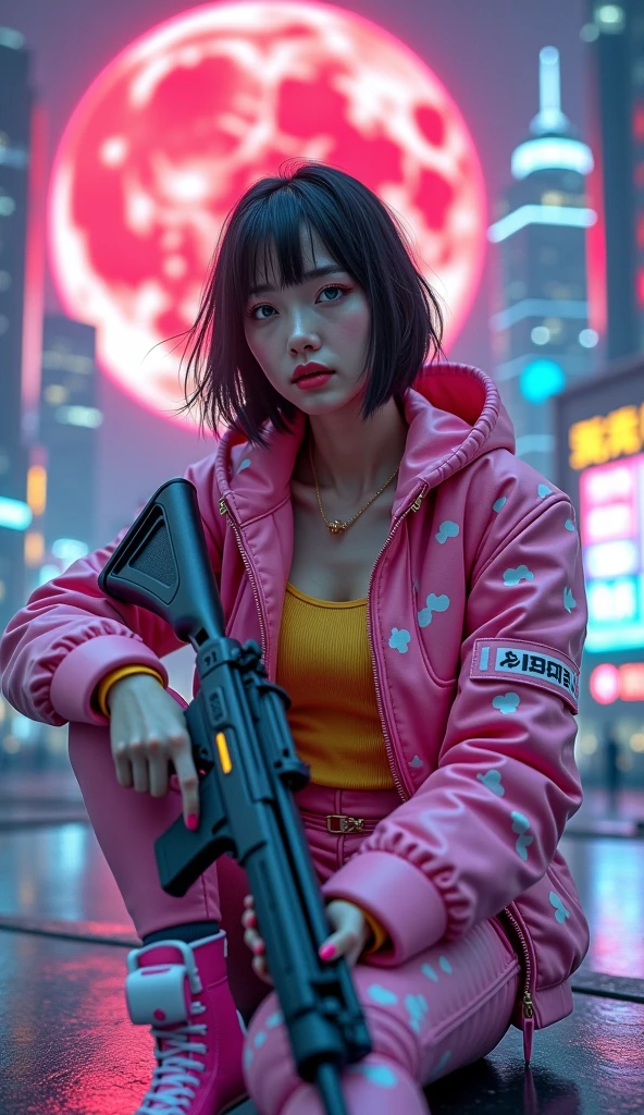 (masterpiece, best quality, beauty, best ratio, best shadows,best Illustration, wallpaper size,1080×2400 pixels,detailed face,pastel colors, futuristic theme) 
uhd, korean beautiful female, full posture fully visible, shining blue eyes, windblown short hair, wear dominant pink camo colour and yellow strip full  armory leather, pink high heel ice skates, hand holding futuristic neon rifle emits gold energy, sitting on a bench in front of a futuristic city with many colorfull glass houses. outer space, big neon billboard, big red  moon seen on far away. use the RenderMan renderer.digital art.High definition, high contrast, high color saturation ,128k,cinematic lighting, intricate,cinematic advertising photograph,cinema lens,high res.