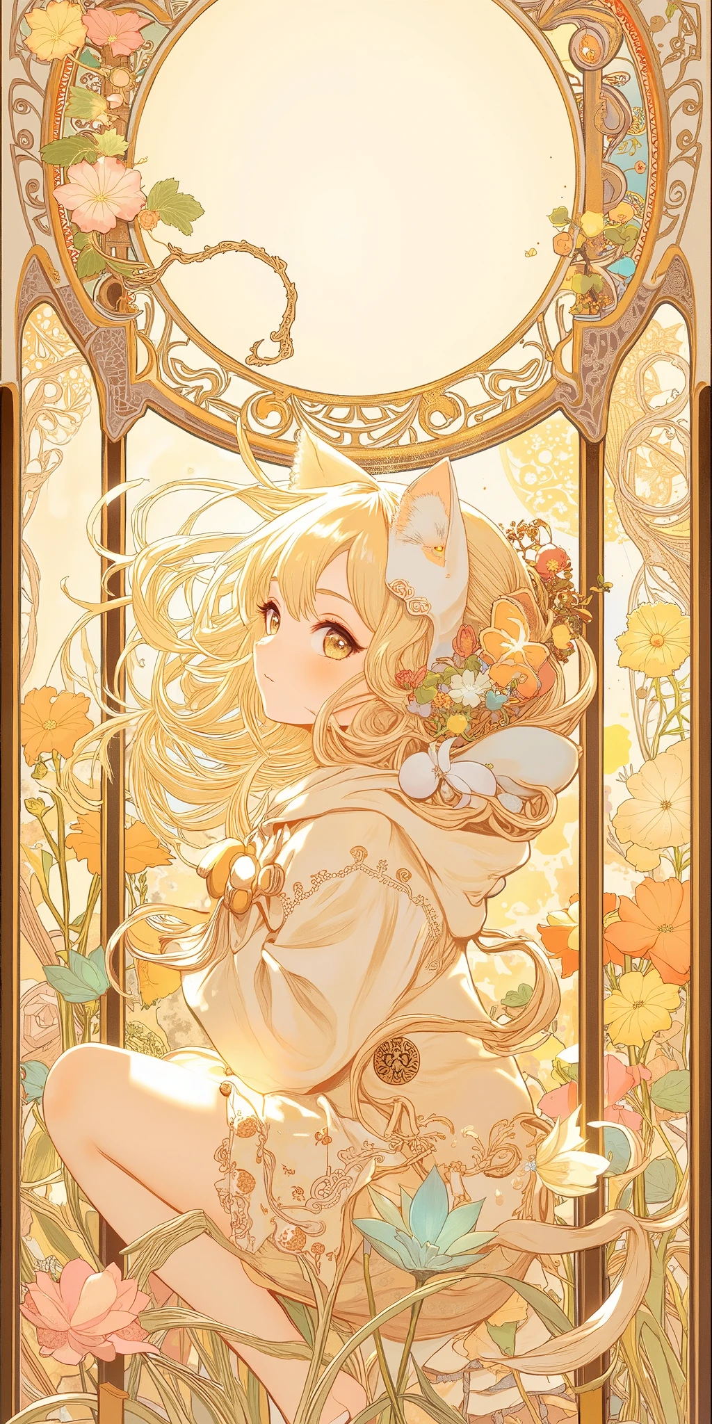 (The most amazing scene ever created:1.0), (Fantasy art:1.0), (Masterpiece:1.0), (Best Quality:1.0), (amazing quality:1.0), (sharpest focus:1.0), (anime style:1.0), (chibi style:1.0),
(Depth of field:1.0), (super fine:1.0), (16k:1.0), (incredibly absurdres:1.0), (extremely detailed:1.0), (delicate and dynamic:1.0), (very aesthetic:1.0), (absurdres:1.0), (beautiful face and eye:1.2), (perfect anatomy:1.2),
(Mucha's painting style:1.2), (Mucha's style:1.2), (Mucha background:1.2), (very elaborate object background:1.2), (Chibi beautiful young girl in cat hoodie:1.3), (Collage image:1.5),
(The upper half is a super big speech bubble:1.5), (The upper half is a super big speech balloon:1.5), (super big speech balloon at the top:1.5), (super big speech bubble at the top:1.5),
Vibrant colors, Mystical beauty, Fantastic beauty, unimaginable beauty, beauty beyond imagination, Overwhelmingly written images,