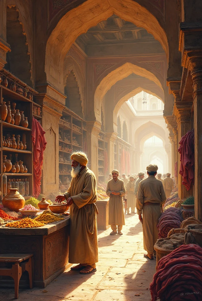 A traditional Mughal-era market scene inside a large arched marketplace with intricate architectural details. A wise and humble middle-aged shopkeeper with a grey beard and turban is arranging items on his wooden counter. He is surrounded by shelves filled with jars, pottery, and fabric rolls. The shop is full of vibrant goods like colorful spices and cloths. Other men in traditional attire are browsing items nearby. Warm golden light filters through the arches, enhancing the peaceful, old-world atmosphere. Style: semi-realistic digital painting, historical South Asian setting.
