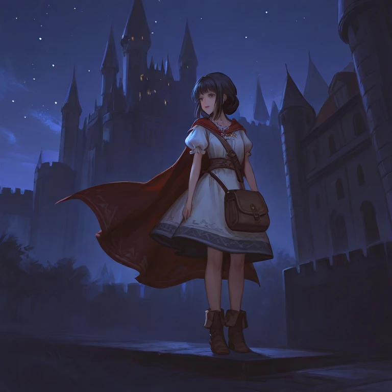 night sky, castle,  1girl, standing, solo, full body, , maribe, puffy short sleeves,  cape, bag