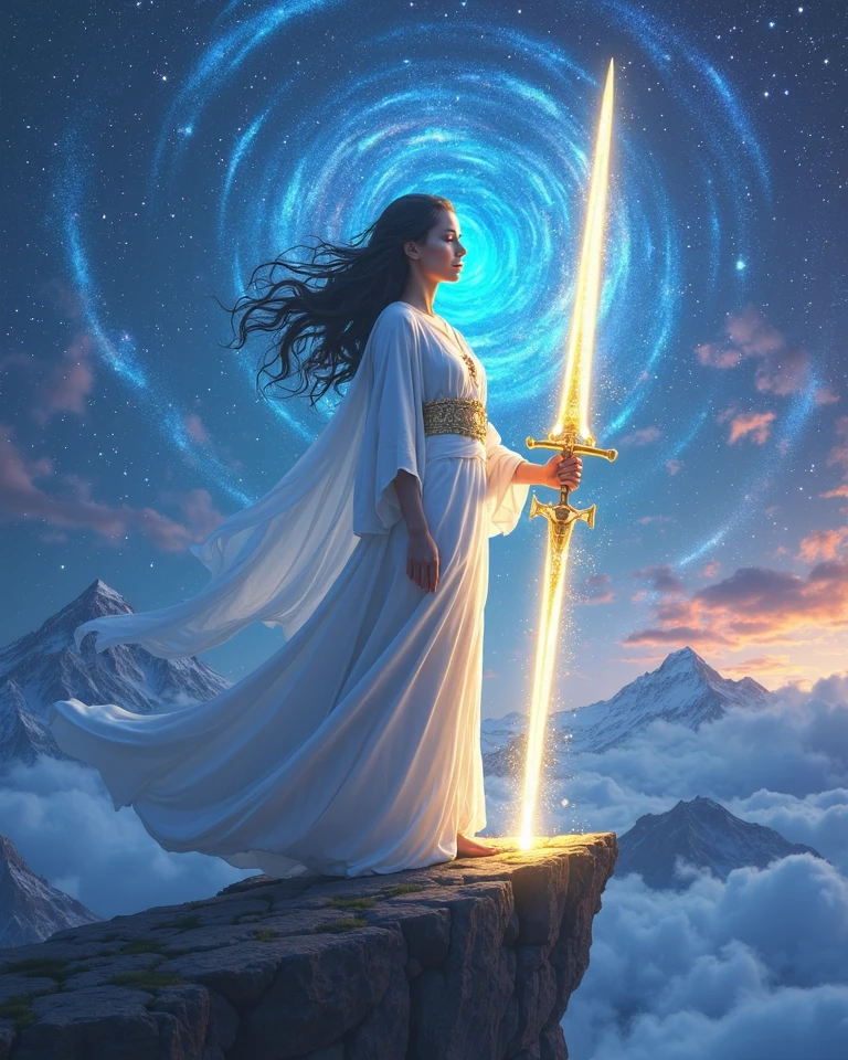 Create a stunning illustration of a perfect goddess, an omniscient being with a serene and powerful presence. She is standing on a cliff surrounded by swirling stars, and mountains in the background. The goddess should radiate wisdom and grace, she is holding a holy sword radiating yellowish-white energy, her eyes reflecting the knowledge of the universe. The colours should be vibrant, with a blend of ethereal blues, purples, and silvers to highlight the vastness and beauty of the cosmos, eyes glowing blue, close-up shot, she is looking at the viewer, cinematic, ultra-realistic, ultra quality, 8k, 50mm lens, IMAX, light rays
