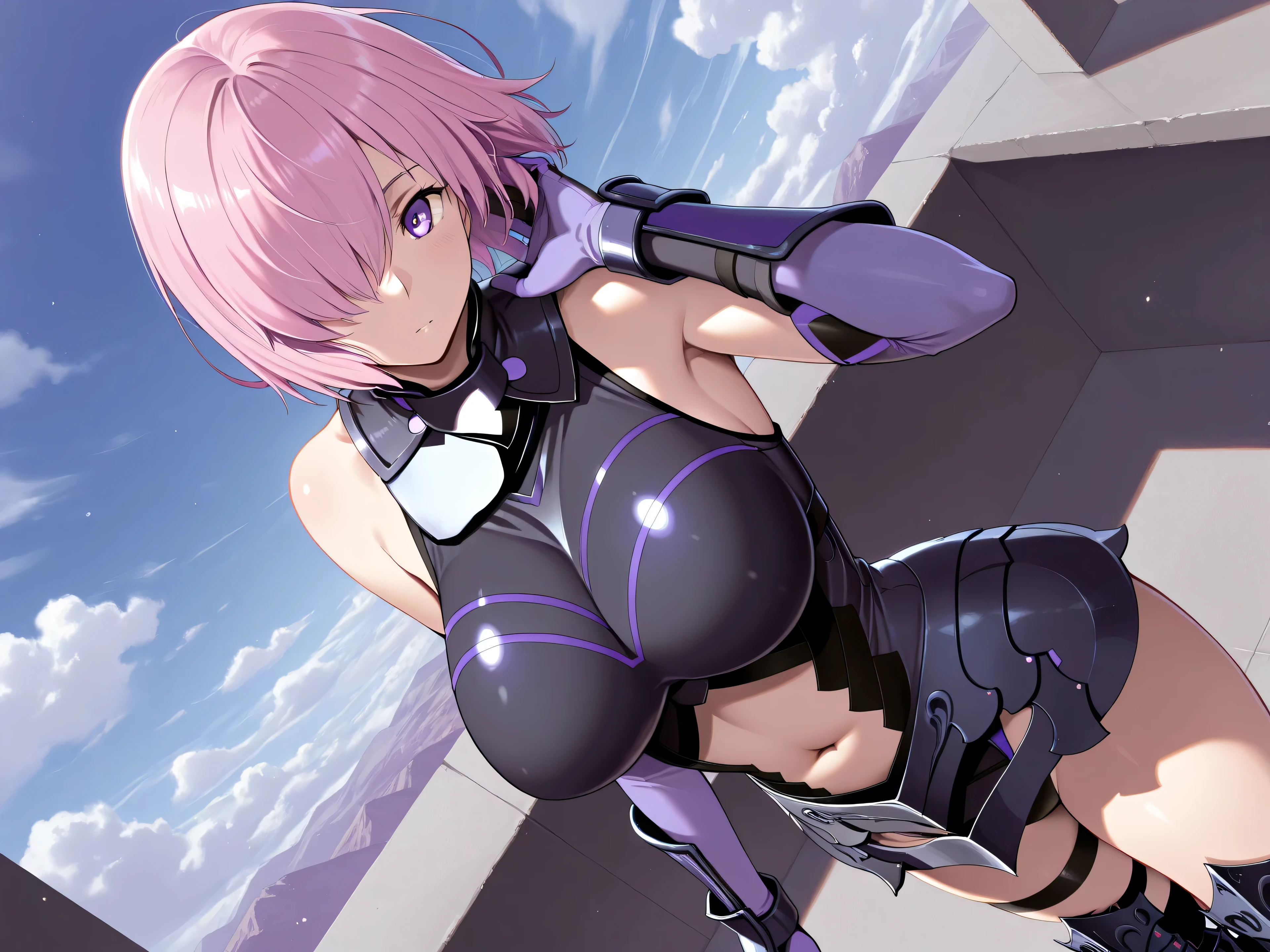best quality, official art, masterpiece, textile shading, HDR, very detailed, colorful, best details, fantasy, battle suit,1 female, 25 years old, Balcony of the old castle, short hair, bob cut, pink hair, big breast, skinny, Blessed by the large crowd below:1.9、Confetti flutters、cameltoe:1.3,