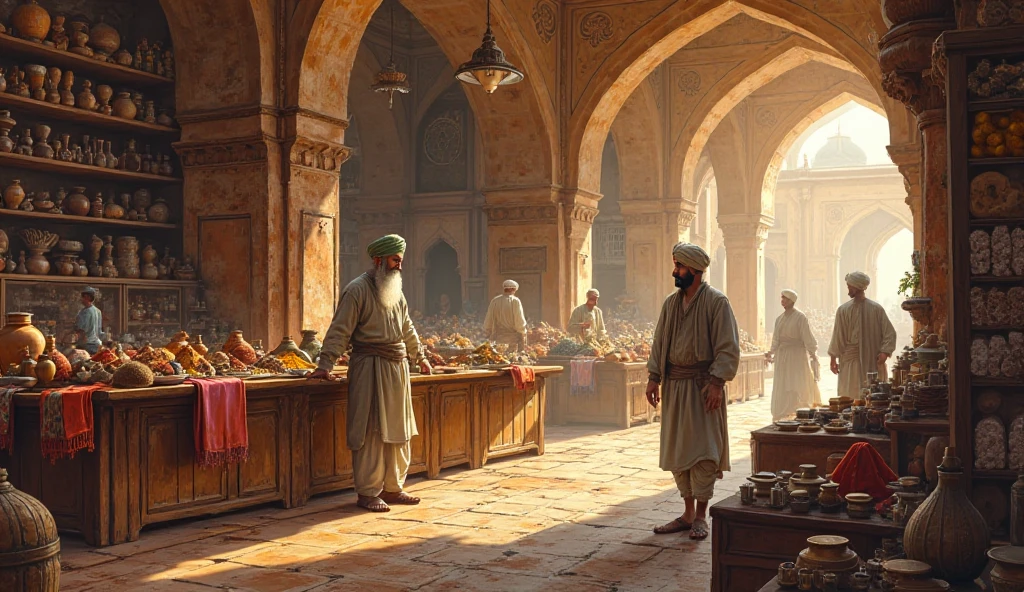 A Mughal-era Indian market scene with a humble, honest shopkeeper standing outside his small spice and grain shop. The shopkeeper is an older man with a white beard, wearing simple traditional clothes and a light turban. He looks calm and kind. In the foreground, three young Indian friends observe him curiously — one cheerful (in a light brown kurta and maroon turban), one serious (dark blue kurta and red turban, arms crossed), and one curious (cream kurta, green scarf, brown turban, leaning forward). Background includes domed architecture, warm sunlight, and light crowd activity. Semi-realistic digital painting, soft earthy tones, white background optional for clarity."
