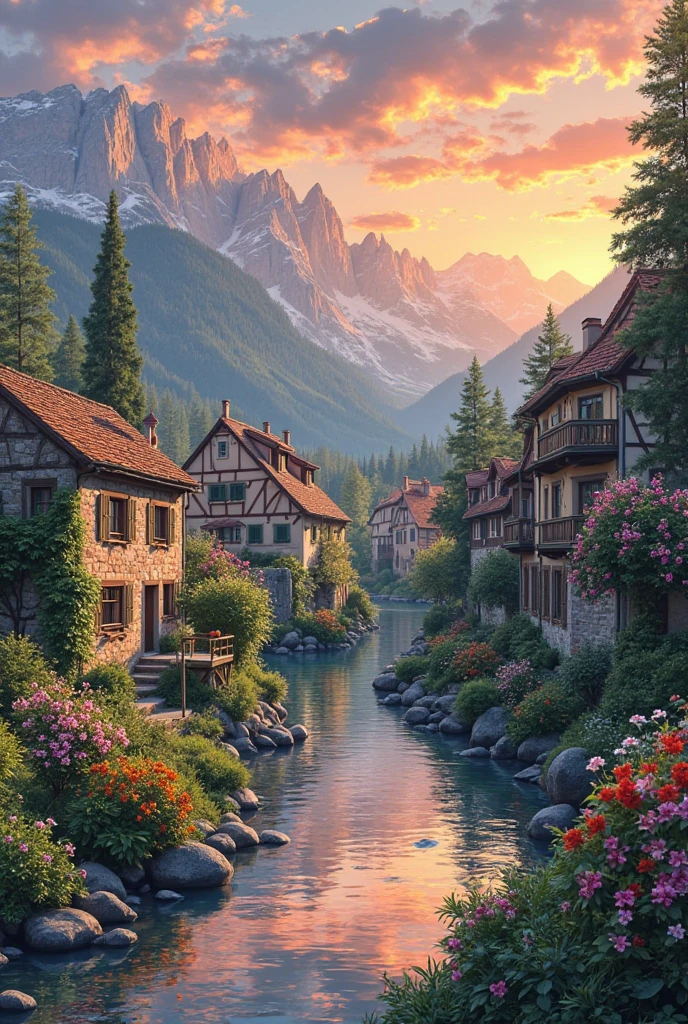 A small village by the river, mountains in the background, colorful flowers, detailed landscape style, beautiful natural scenery, atmospheric lighting,  scorching sunset ,  warm colors, practical, photographic, detailed foliage, complex buildings , cobblestone street, charming country house, vibrant colors, lush vegetation, reflections in the water, pitoresco, idyllic, work of art, Best Quality, 8k, extremely detailed, anime style