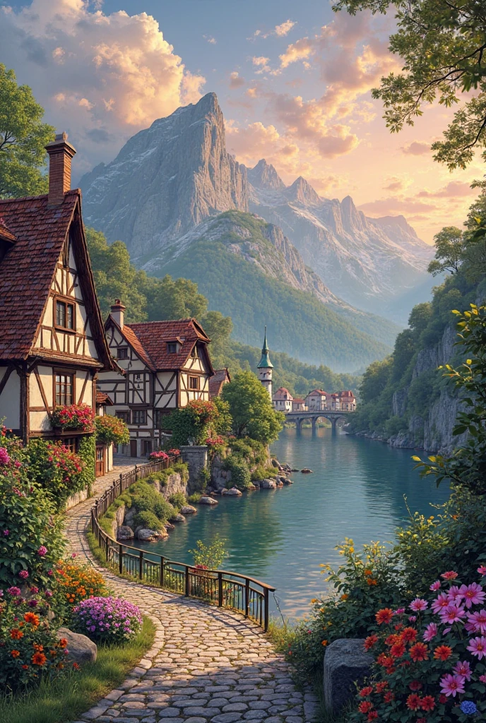 A small village by the river, mountains in the background, colorful flowers, detailed landscape style, beautiful natural scenery, atmospheric lighting,  scorching sunset ,  warm colors, practical, photographic, detailed foliage, complex buildings , cobblestone street, charming country house, vibrant colors, lush vegetation, reflections in the water, pitoresco, idyllic, work of art, Best Quality, 8k, extremely detailed, anime style