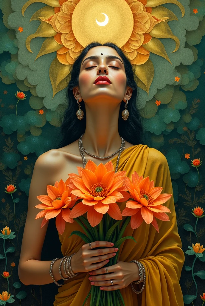 "A surreal Indian-style painting of a graceful woman holding blooming orange lotuses, eyes closed in peaceful bliss, adorned with silver jewelry, translucent saree in earthy tones. Background features an abstract silhouette of a spiritual figure or deity in flowing dark green and blue hues, with glowing geometric mandala shapes and a soft golden halo or crescent above. Style is cubist-meets-traditional Indian miniature, with layered, semi-transparent textures, delicate brush strokes, glowing light reflections, and a sacred, dreamlike atmosphere. Hints of lotus motifs in corners and layered light gradients in olive green, amber, and teal."

