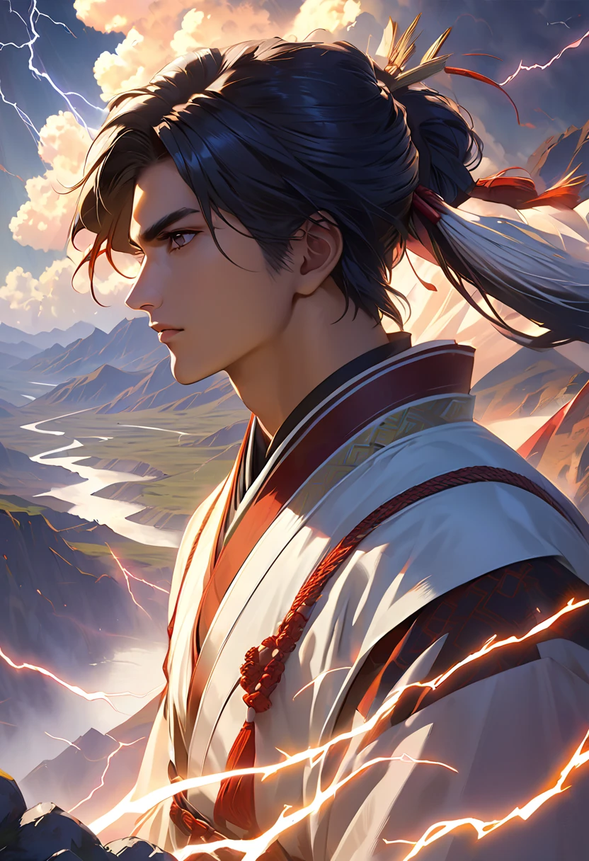 (male: 1.1), dark eyes, Profile, Oriental Beauty, (masterpiece), top quality, anime, merge, colorful, bright colors, illustrations, art style, fantasy, realistic, ANIMATION, (pictures_(medium):1.0 ), by Antonio J . Manzanado, by Jeremy Lipking, lightning, In a strange landscape ,  smooth, sharp concentration
