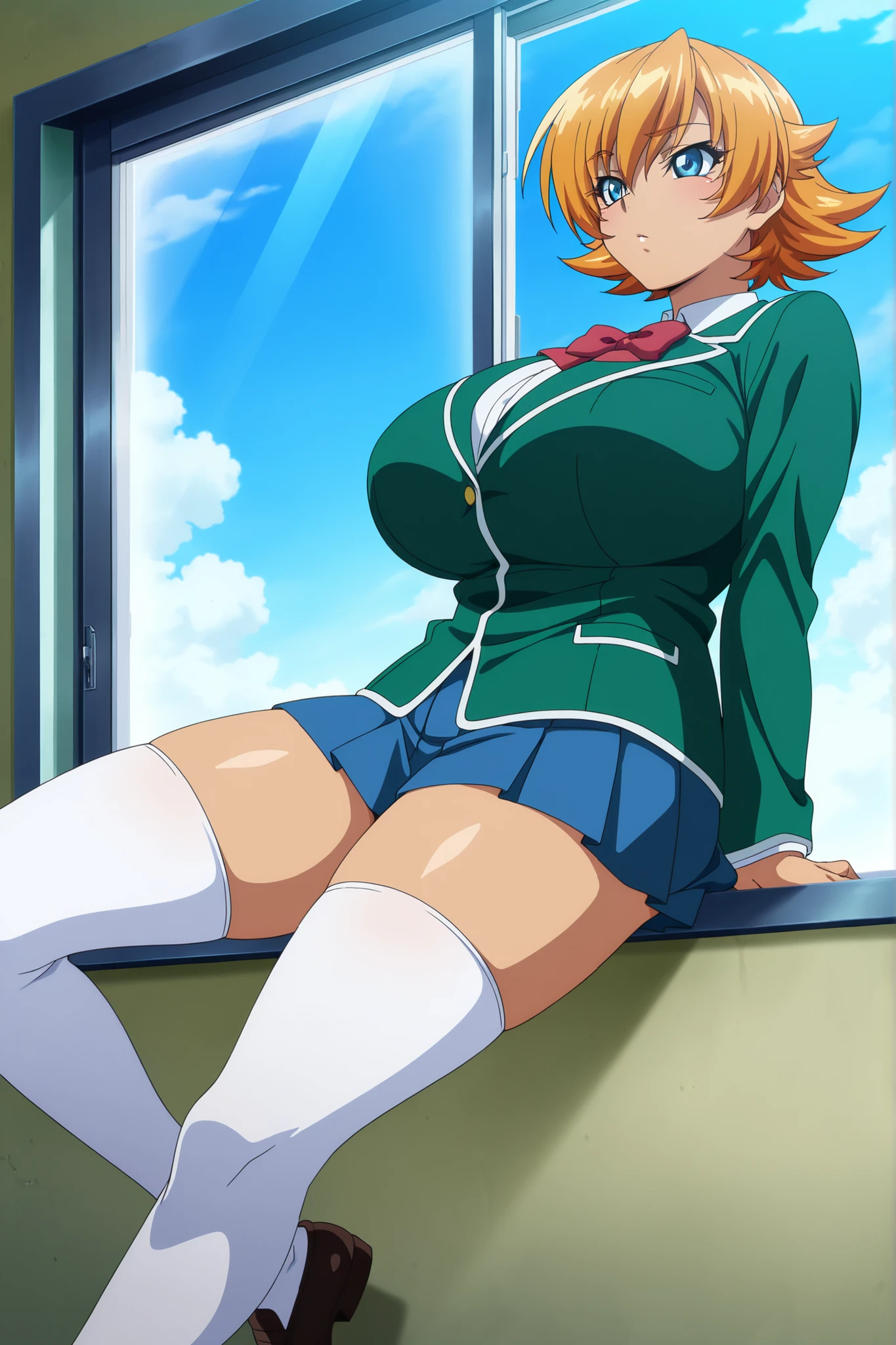 masterpiece,best quality, amazing quality, very aesthetic,anime screencap ,1girl, Igawa Sakura,orange hair, short hair, flipped hair, blue eyes,curvy, huge breasts,school uniform, green jacket, pleated skirt, miniskirt, loafers, white thighhighs, open window, blue skies,leaning back, against window,