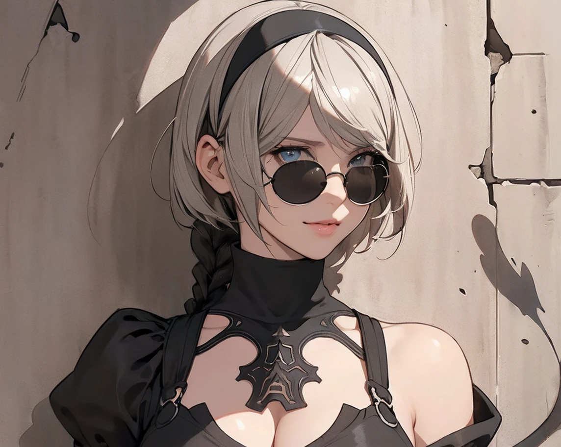 {erotic face,looking away,enchanting smile} BREAK {solo, (2B of Nier Automa:1.4)), (slender body,small breasts),(lightbrown_lightwhite colored hair:1.4, short cut hair), (medium mouth:1.2),(narrow and sharp eyes:1.4,blue-glay eyes,sparkling eyes:1.1) BREAK {(Nier_Automata_2B costume:1.2),(black hairband:1.4),(black colored round sunglasses:1.4)} BREAK {(cleavage between breasts:1.2)},{(masterpiece,best quality, 16K illustration, UHD, extremely detailed CG, detailed beautiful face and eyes and skin and hair)}