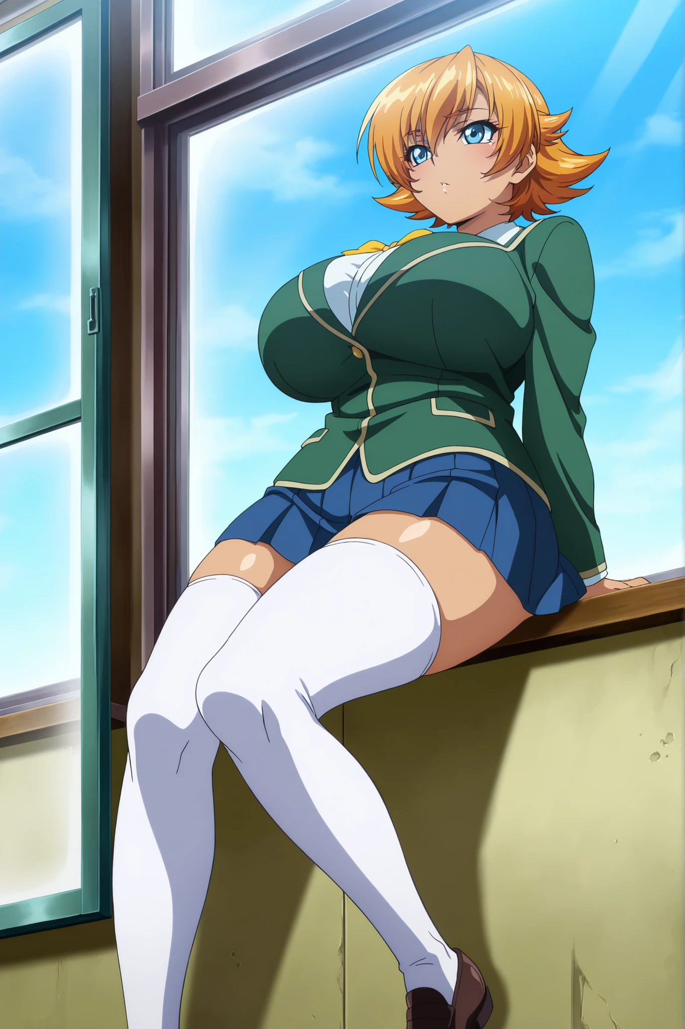 masterpiece,best quality, amazing quality, very aesthetic,anime screencap ,1girl, Igawa Sakura,orange hair, short hair, flipped hair, blue eyes,curvy, huge breasts,school uniform, green jacket, pleated skirt, miniskirt, loafers, white thighhighs, open window, blue skies,leaning back, against window,
