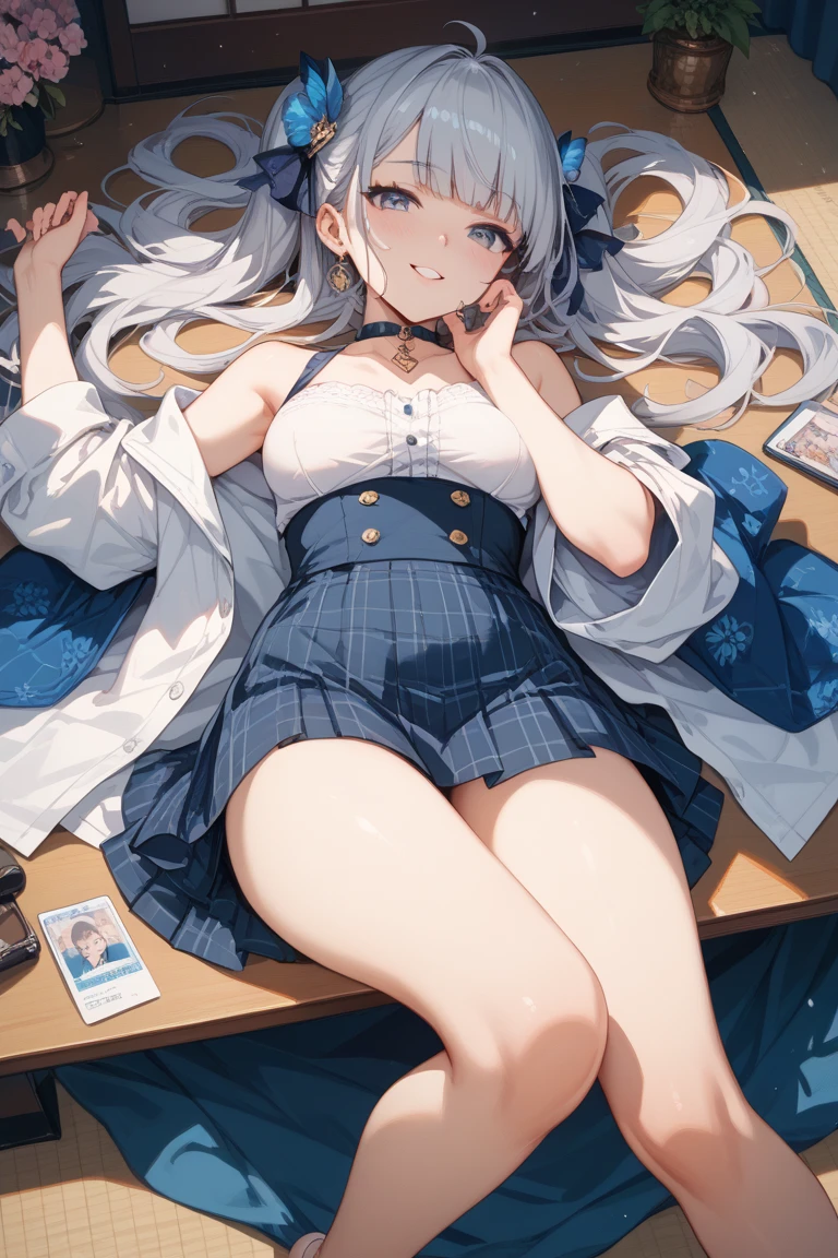 masterpiece,best quality,official art,extremely detailed CG unity 8k wallpaper, bishoujo,grey medium hair, Blushing above the nose,Natural loving smile,blush, shy, embarrassed , nose blush , grey eyes, small breasts, between breasts, breasts apart, hanging breasts, bouncing breasts,blackk shorts under skirt, white thighhighs,red sailor collar, bathing, humiliation, exhibitionism, Aloof