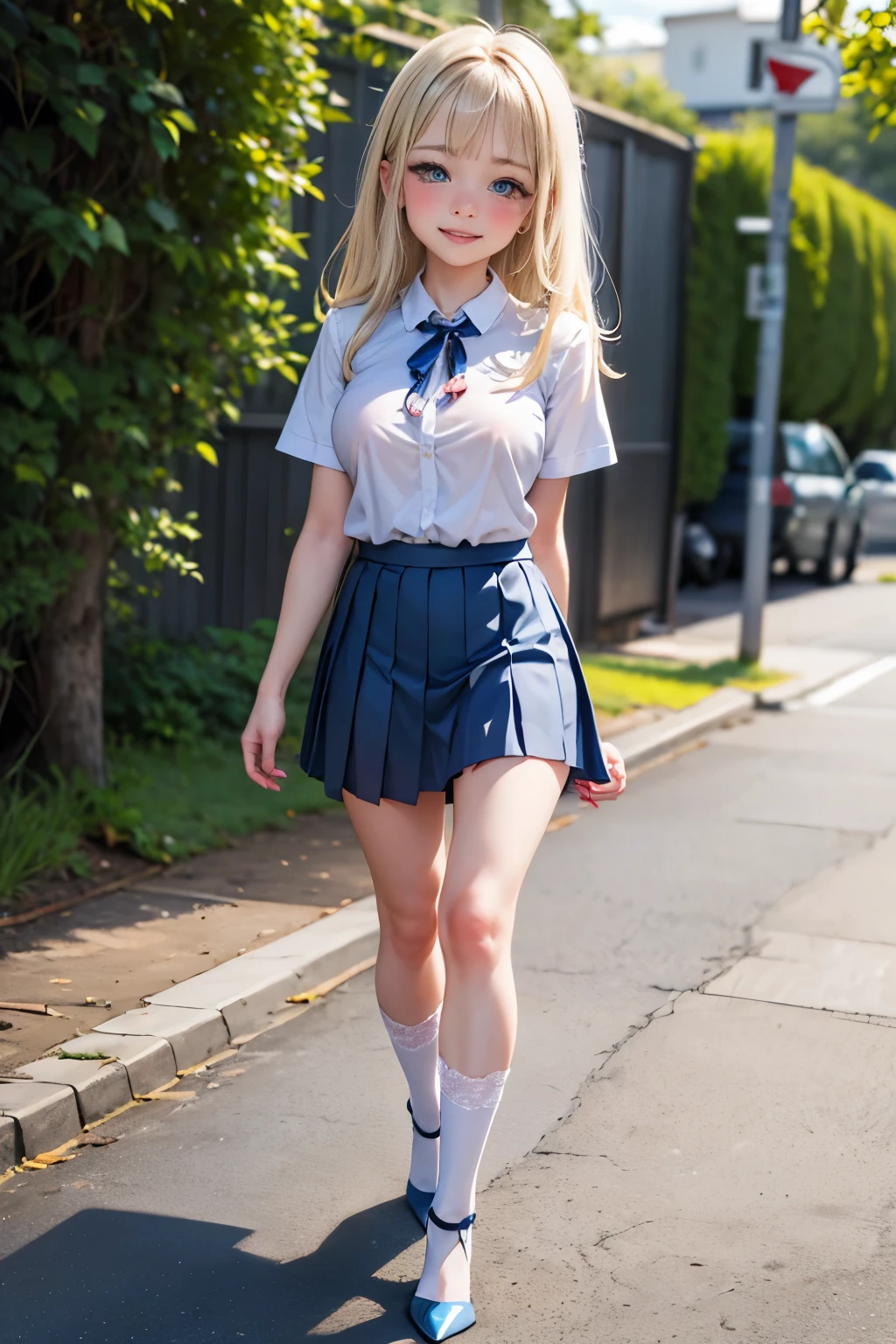 a beautiful schoolgirl, blonde, blue eyes, long hair, ultra detailed, 8k wallpaper, high quality, masterpiece, light and shadow, school uniform, squatting, panties, skirt, white shirt, looking at viewer, blue pupils, smiling, school , ribbon panties, white socks, medium tits, pink lips, heels, spread legs,