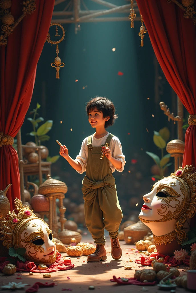 A volunteer helps clean up a huge number of theatrical decorations.