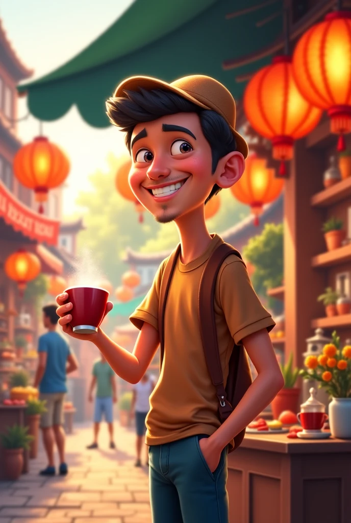 cheerful man standing outside a small tea shop, holding a cup of tea in his hand. The scene is in vibrant 2D cartoon animation style, with exaggerated facial expressions and colorful surroundings. The background shows a lively street market with soft lighting, drawn in the style of classic Disney or Studio Ghibli animation."

Let me know if you want a different scene—like a fantasy setting, action pose, or something funny—and I’ll tweak the prompt for you!