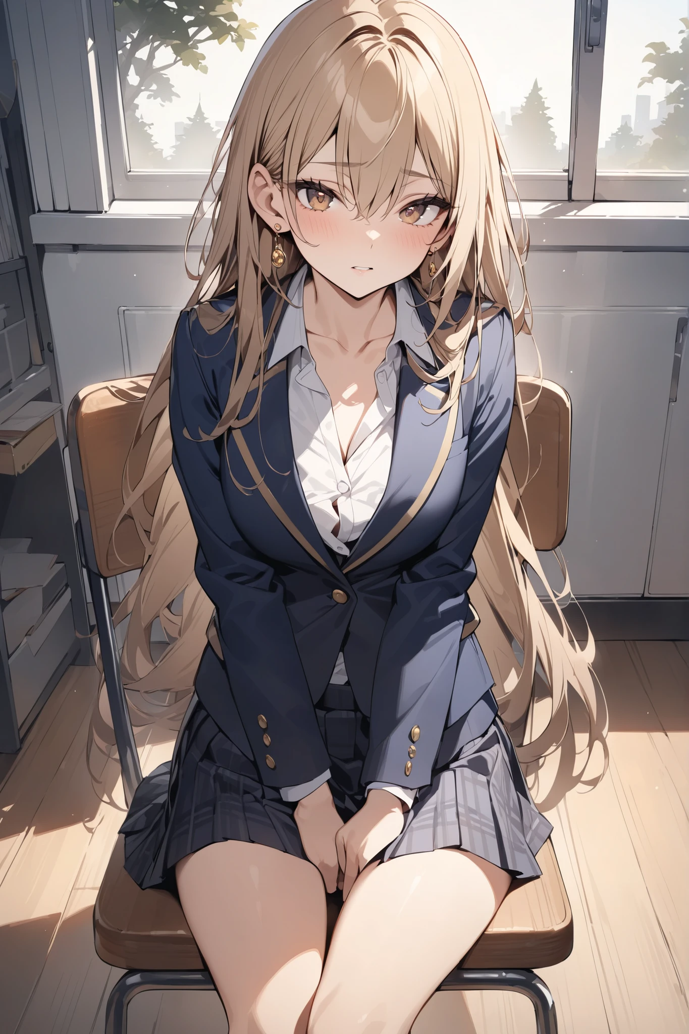 Minami Kotori, Brown hair, (Brown Eye Degree:1.5), One side up, Hair Ribbon, bow ribbon, long, Break the blazer、a blue skirt、jaket、Otonokizaka Uniform、pleatedskirt、student clothes、Winter clothes、Looking for a break viewer、Indoor break、‎Classroom、BREAK (​masterpiece:1.2)、top-quality、hight resolution、unity 8k wall paper、(illustratio:0.8)、(beatiful detailed eyes:1.6)、extra detailed face、Perfect litthing、Highly detailed CG、 (perfect hand、perfect anatomia)、Look at viewers、red blush、A smile、(white  panties:1.3)、(Fully exposed panties:1.5)、Schools, Sit with your knees bent、Eight-headed body、beauty legs 、in a school、As if looking up from below、(knees to chest),