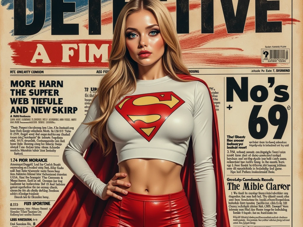 Detailed multi-colored proportions and textures with airbrushed brushstrokes presenting a semi-realistic illustration A beautiful and strong young woman wearing a tight Supergirl-style heroine costume made of fabric dominated by granite white tones mixed with bright colors (full body, with a confident and bold posture, playful gaze, bright blue eyes, defined eyebrows, long eyelashes, perfect face, full lips, huge round breasts, flat stomach, wide hips, slim waist, thick thighs) Her long, straight blonde hair falls down her back. Her uniform consists of a white (short) sweater with a red and white "S" triangle that beautifully recreates the iconic comic book costume and a high-waisted miniskirt (red-crimson) that finishes off the outfit. The background is a Playboy-style magazine cover with a bold headline that says "SUPERGIRL" and the US flag, which focuses attention on the character and adds various headlines (articles) that give depth to the illustration. The composition of the overall image, halfway between vintage and the golden age of comics, is a clean, crisp, and high-quality masterpiece. very balanced saturation across very defined color palettes (Color with intense monochromatic shaded tones and brightness, red hue 25% + yellow 25% + blue 25% + biofluorescent 12.5% ​​​​​​+ transparencies 12.5%. Aesthetic fusion by (Fibonacci ratio. A cosplay realistic of a young Supergirl. of a young Supergirl (Includes a variety of pink skin and dark beige tones that give it contrast and brightness) type of character. Fluid texture that gives the sensation of movement to the leafy style that molds to the figure (her clothing with relief and folds gives volume and depth to the character). Haute couture photoshoot (high quality full body). Highly detailed and sharp soft focus, approaching perfection, Full HD 8K. High and low angles. by Coco Chanel, Gianni Versace, Alberto Vargas, Greg Rutkowsk fusion of artistic styles.