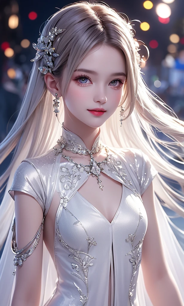 ((alone、A woman wearing a long halter dress、Elegant woman posing:1.4、Detailed face、Bright expression、Younger, brighter, whiter skin、Best Looks、The ultimate beauty、Silver hair with dazzling highlights、Shiny bright hair,、arranged hairstyle:1.2、髪がWindで踊る、A little bit of sideboob is visible))(Night scene夜、Wind、素晴らしい美しい自然のWind景、幻想的なWind景、Particles of light、White Dust、Dust flutters)
