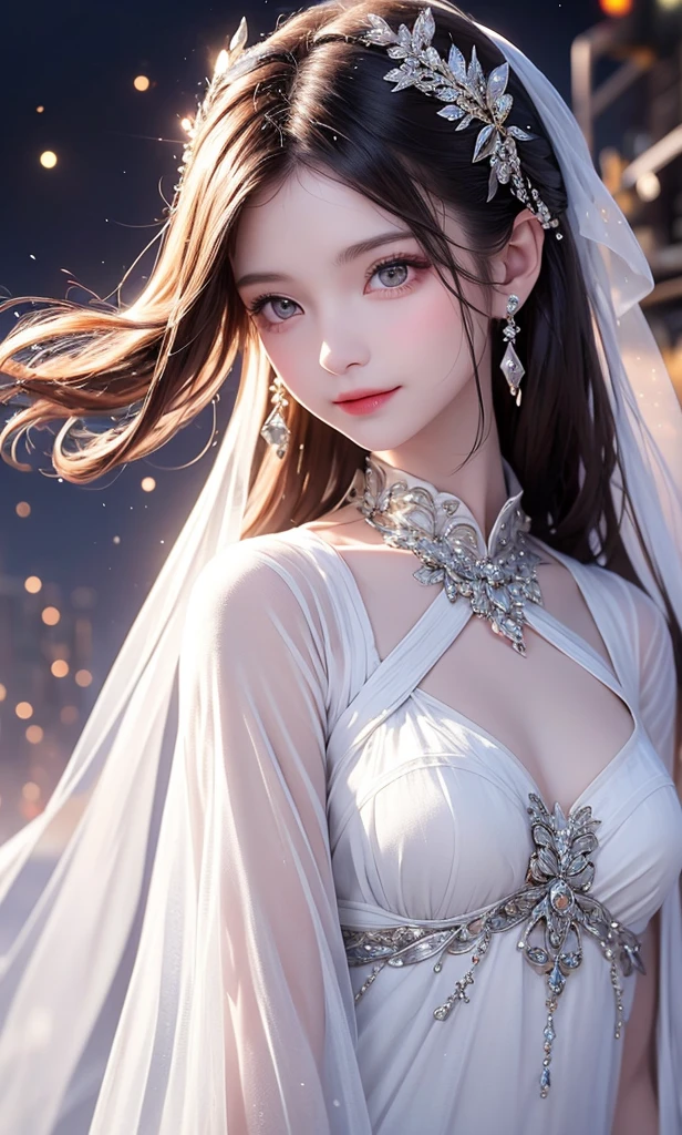 ((Picture from the waist up))((masterpiece:1.5、8k、Portrait、Photorealistic and very detailed CG、Very detailed、Particle Effects、Dynamic Effects、Written boundary depth、Cinematic Light、Lens flare、Ray Tracing、Tabletop、Realistic:1.4、超A high resolution:1.2、Realistic、Realistic))((alone、,A woman wearing a see-through veil over a matte halter neck dress:1.4、Dynamic female pose:、Side  are visible、Detailed face、Bright expression、young, Brighter, Whiter skin、Ample breasts、Best Looks、Ultimate beauty、Shiny silver hair with highlights、Bright and shiny hair,、Super long, Silky straight hair、Hair swaying in the wind))(Surrounded by fantastic transparent flowers、White background、Fantastic background、Thin petals fluttering around)
