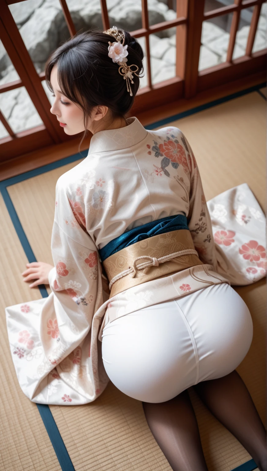 (((Kamimei、Mouth ajar))),(((((Traditional kimono、floral Yukata、amorous、ass,ass,from the rear、Wabi-sabi、NSFW,humble、lick the candy carefully、raise her legs))))),((Yoshiwara、2nd floor Japanese room、natta、frombelow))、masutepiece, 1girl in, best qualtiy, Ultra Detail, (shiny), (Small)、(((with blush cheeks,))),Ray tracing,Perfect Lighting, (milky skin:1.2),reflection, up looking_で_viewer, blush, bow ribbon, Medium Curl Hair、yellow_Eyes, Low_Twin-tailed、Japan's cutest 28-year-old beautiful girl、Small ribbons in the hair