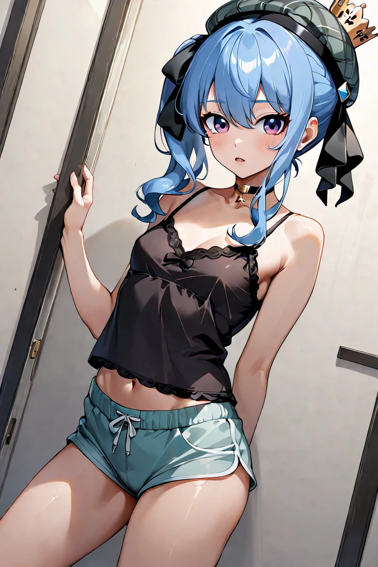 masterpiece, best quality, 1girl, solo, hoshimachisuisei, suisei hoshimachi, blue eyes, blue hair, choker, hair between eyes, medium hair, side ponytail, flat chest, sexy black underwear, black panties, black bra, standing frontally, looking at viewer, whole body can be seen, rape face, locker room, detailed hands, five fingers