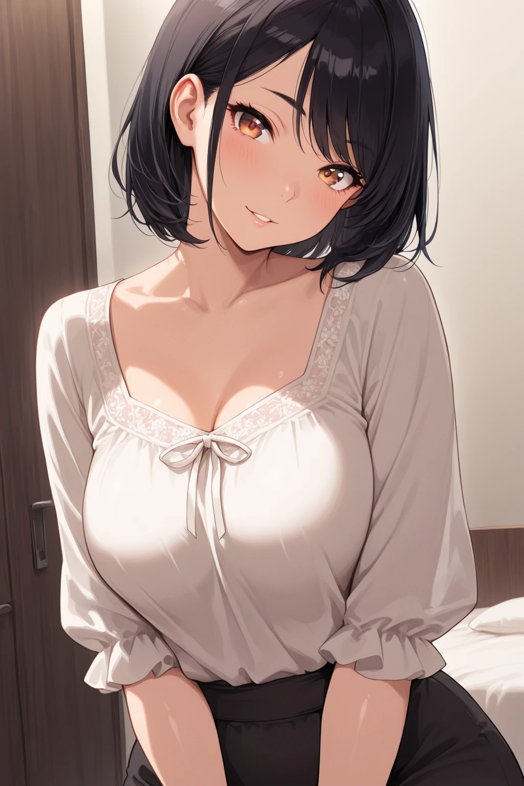 (masterpiece, best quality, hi-res:1.2), kasumimiyoshi, kasumi miyoshi, big breast, closed eyes, bangs, black hair with dark blue hair underneath, hair between eyes, dolphin shorts, dark tshirt, big cleavage, mature, on bed, wet, sex, sex from behind, Doggystyle,