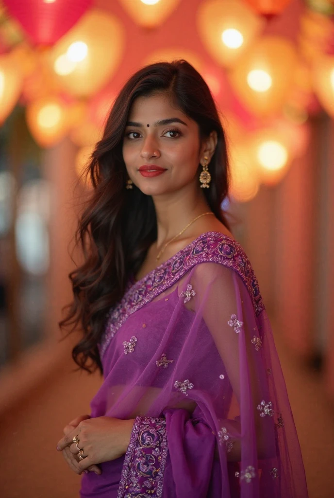 a professional portrait photo of a 20 year old woman, pralyco <lyco:pralycoLoCon:1>, with light brown eyes, ((night time)), ((Face only, head shot)), indian purple salwar with intricate details, stunning clarity, hair running across face, big smile, looking away from camera, ((blurry background bokeh)), <lora:more_details:0.3>,