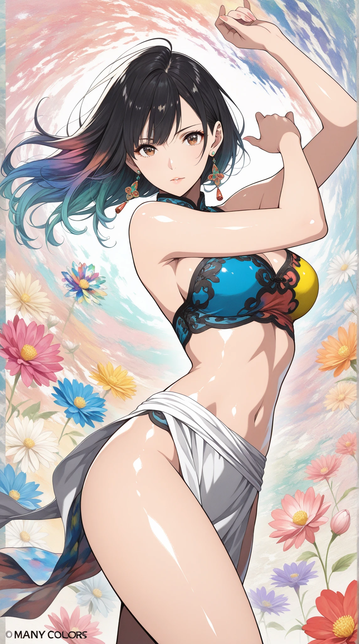 Masterpieces、maximum quality、High Definition、solo、huge tits、indoors、seethrough、Misaligned floral bra、Side Tie T-Back、Sprawl、From above、Outstretched arms、anger、Bed、disheveled floral underwear、Rough breath、Sexual facial expressions、Kurokami、Long