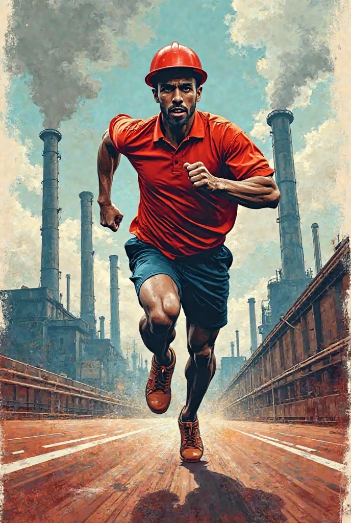 International Labour Day inspired Running poster, hand logo, Labour, runner, hand logo, background factory, background blue