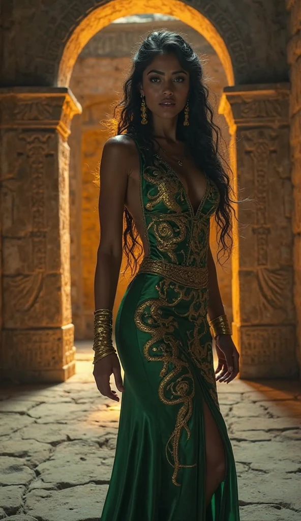 very beautiful woman with features of a beautiful Brazilian indigenous woman, wearing a dark green dress and jewelry that reminds us of snakes, her skin is covered in tribal tattoos that allude to snakes.