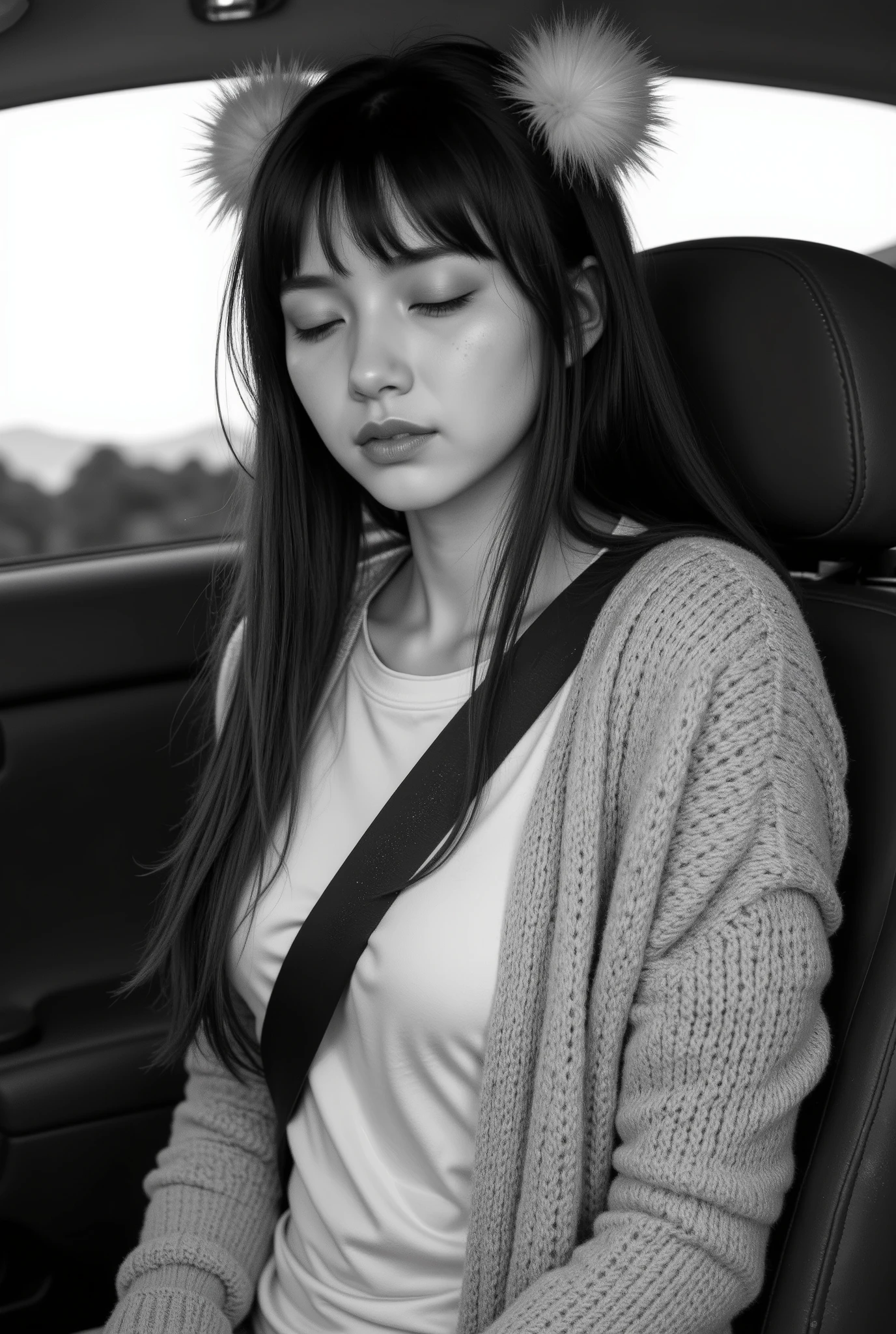 peaceful, bangs, hair accessory pom-poms, closed eyes, neutral facial expression, long straight hair, casual clothing, knit cardigan, seatbelt across chest, sitting, indoor car environment, relaxed posture, monochrome illustratio, soft shadows, close-up shot, still moment.