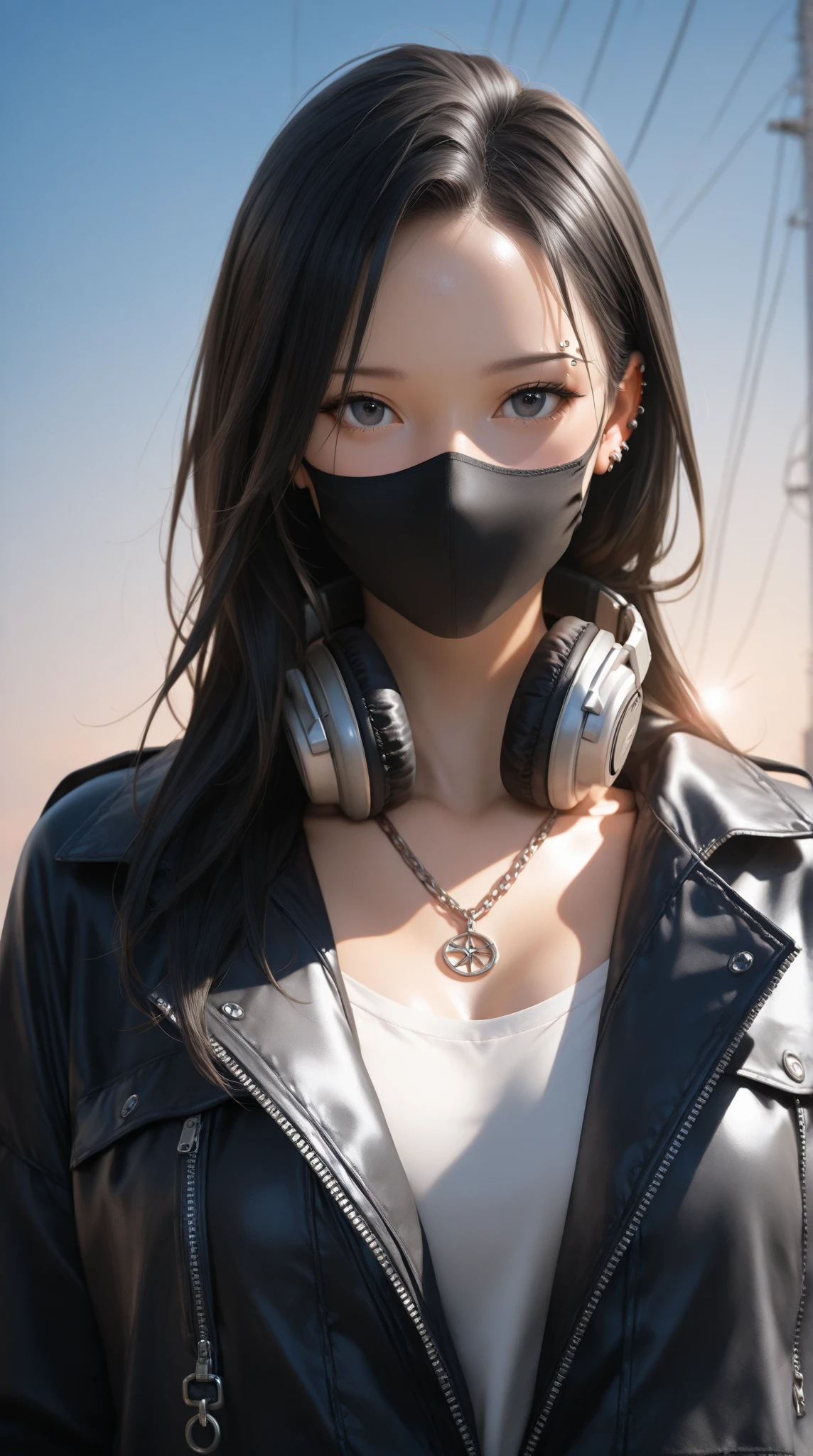 ((masterpiece)), ((best quality)), ((photorealistic)), (high resolution), (8K, 4K), RAW photo, DSLR photo, ultra-detailed, cinematic lighting, bokeh. realistic female, perfect face, natural body proportions, realistic skin texture, detailed eyes, catchlight, realistic fabric, clothing folds, soft shadows, ambient light, HDR, lens flare, low angle, close-up, depth of field, soft lighting, film grain, 1girl, solo, long hair, looking at viewer, black hair, jewelry, jacket, upper body, sky, necklace, black eyes, tattoo, mask, headphones, piercing, zipper, mouth mask, headphones around neck, chain necklace, eyebrow piercin
