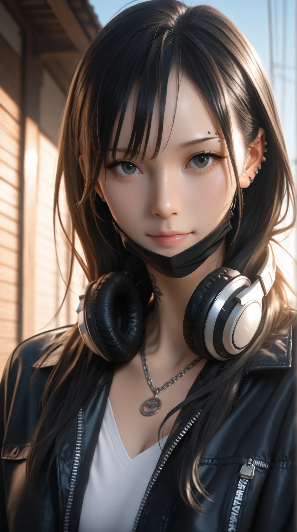 ((masterpiece)), ((best quality)), ((photorealistic)), (high resolution), (8K, 4K), RAW photo, DSLR photo, ultra-detailed, cinematic lighting, bokeh. realistic female, perfect face, natural body proportions, realistic skin texture, detailed eyes, catchlight, realistic fabric, clothing folds, soft shadows, ambient light, HDR, lens flare, low angle, close-up, depth of field, soft lighting, film grain, 1girl, solo, long hair, looking at viewer, black hair, jewelry, jacket, upper body, sky, necklace, black eyes, tattoo, mask, headphones, piercing, zipper, mouth mask, headphones around neck, chain necklace, eyebrow piercin

